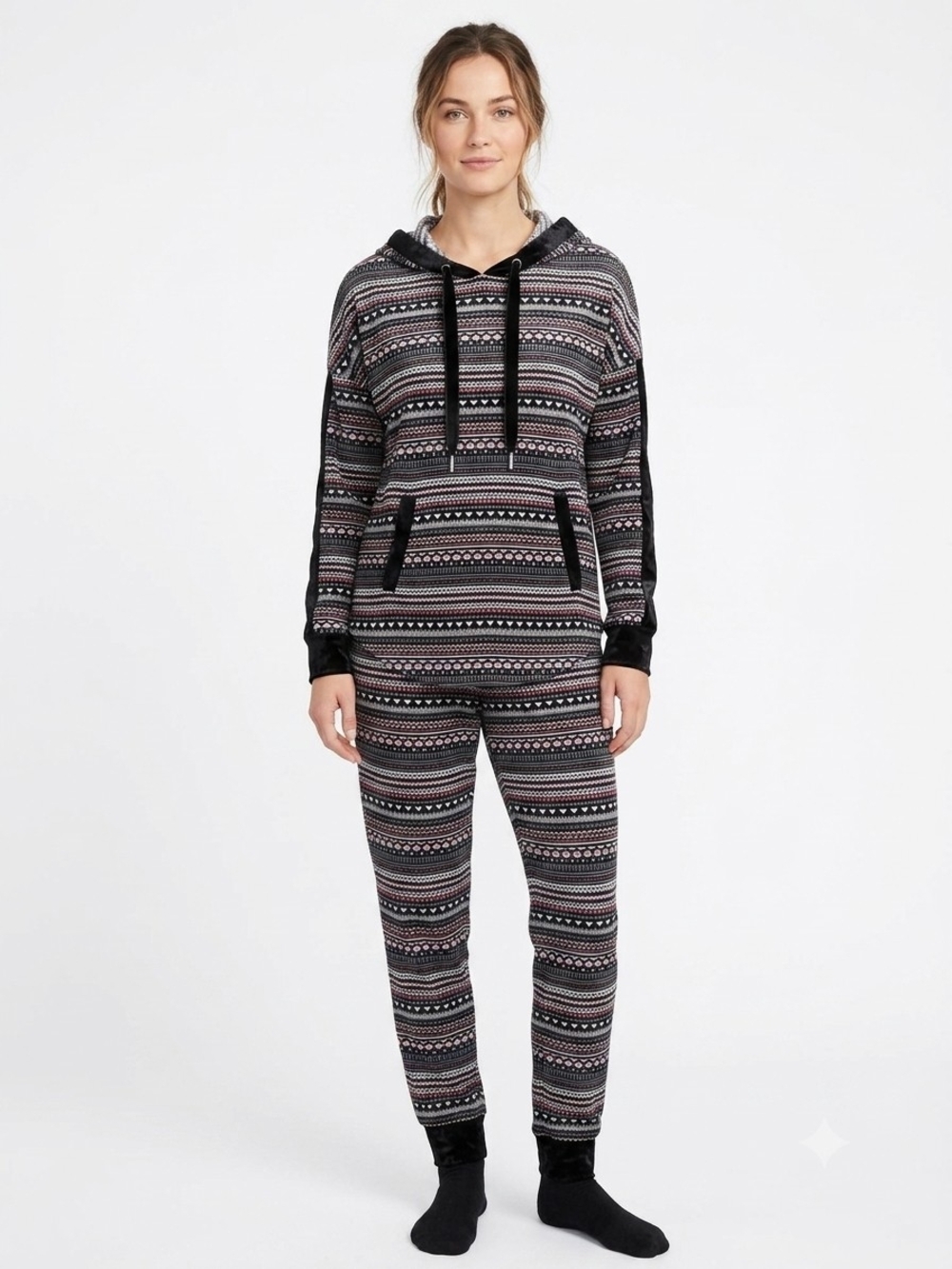 Simply Vera Black & Pink Fair Isle Hooded Loungewear Set Size Large P2P 24 In